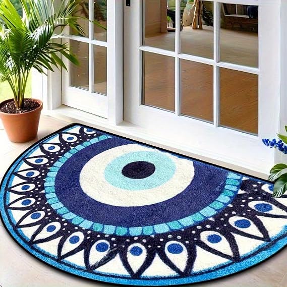 Turkish Nazar Evil Eye Doormat Non-Slip Half-Round Floor Mat with Blue & White Hamsa Hand Design, Machine Washable Indoor/Entry Mat for Front Door, Kitchen, Bathroom, Living Room