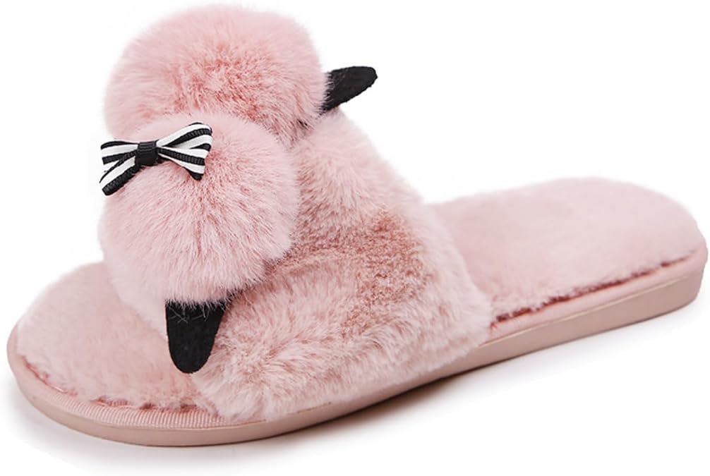 Women's Fuzzy Open Toe Slide Slippers with Cute Cat, Animal Slip-on Indoor Outdoor House Shoes with Rubber Sole