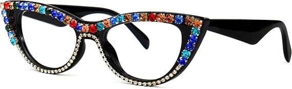 VOOGLAM Stylish Rhinestone Cat Eye Blue Light Glasses for Women Anti Eyestrain Dry Eyes Eyewear Cathleen