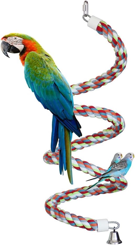 Kintor Bird Rope Bungee Perch,Cotton Chew Toy Swing for Medium Large Parrot | Flexible Cotton Climbing Spiral for Large Parrots,Colorful Cage Chewing Exercise Toy Bell For Cockatoo,African Greys Macaws
