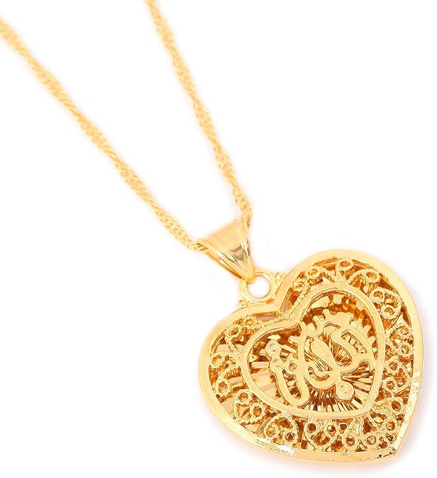 Classic Arabic Muslim Jewelry Gold Plated Hollow Heart Shape Allah Pendants Necklaces for Female