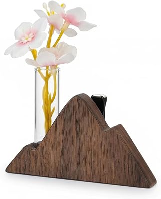 Little Glass Flower Vase Air Vent Clip, Wooden Stand Car Aroma Diffuser, Car Air Vent Decor Plant Holder, Auto Interior Decorations Black Walnut Peak