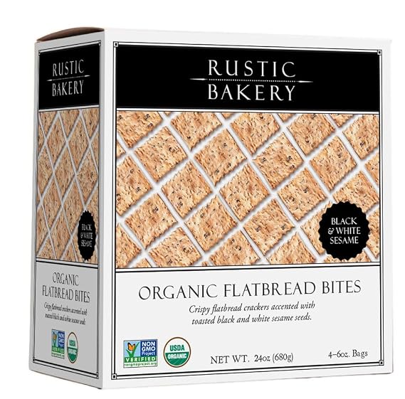 Rustic Bakery Handmade Sourdough Flatbread Cracker Bites - Black & White Sesame- Charcuterie Crackers for Cheese Platters or Snacking - Made in California - Pack of 4, 6 Oz Bags