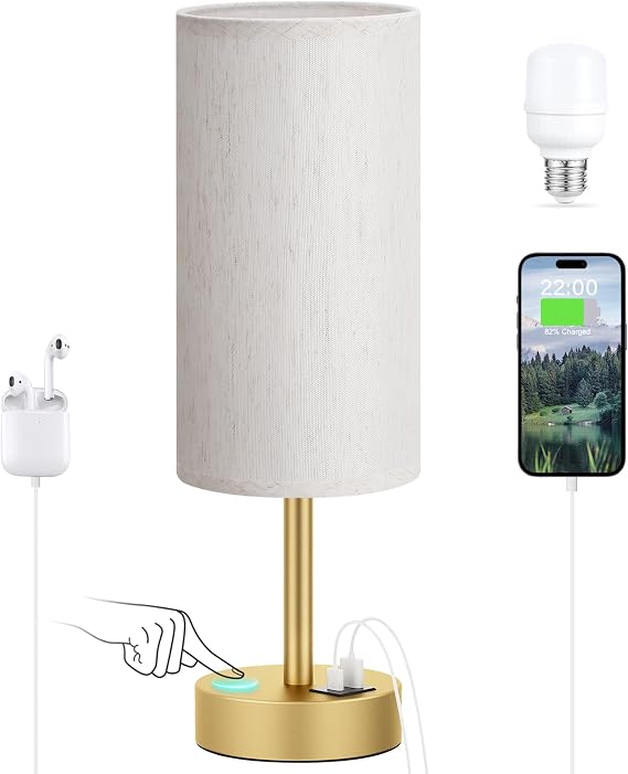 YSJNGF Touch Bedside Table Lamp with USB - 3 Way Dimmable Wood Lamp for Bedroom Nightstand, Desk Lamp with Charging Station for Dorm, Living Room, Office, Kids Room, Small, 14in