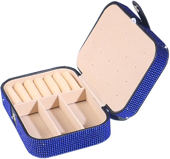 Jewelry Case,Rhinestones Travel Jewelry Box Bling Jewelry Organizer,Portable Gifts Organizer Boxes for Rings,Earrings,Necklaces,Bracelets (Blue)