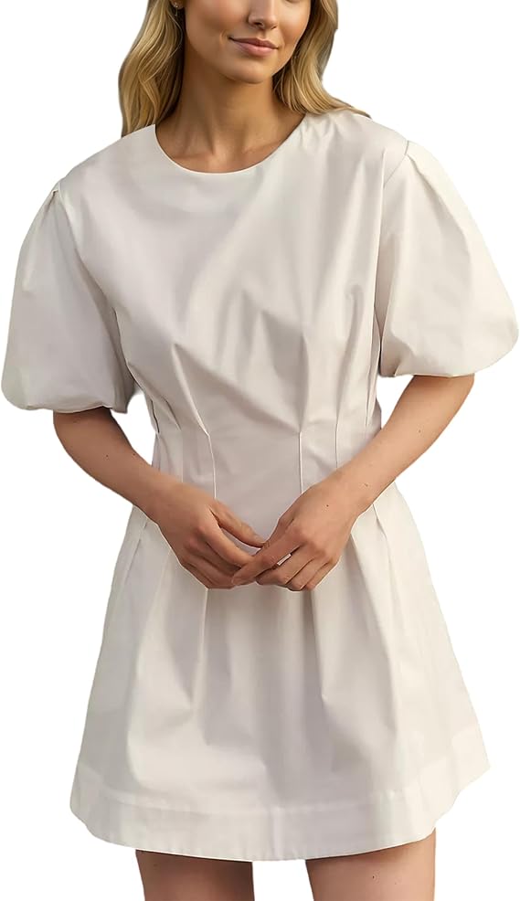 Women Puff Sleeve Mini Shirt Dress Crew Neck A Line Short Dress Cute Pleated Babydoll Dress Summer Flowy Dresses
