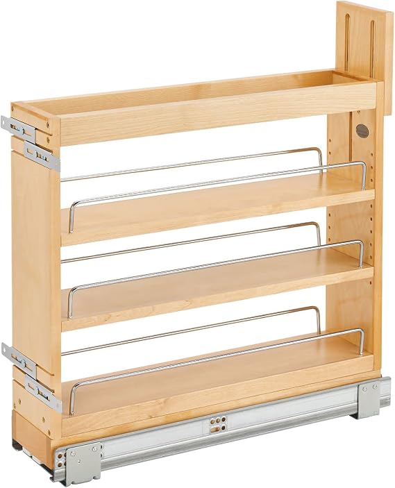 Rev-A-Shelf 8" Pullout Storage Organizer for Base Kitchen/Bathroom Cabinets, Spice Rack Pantry Shelves with Soft-Close Slides, Wood, 448-BDDSC-8C