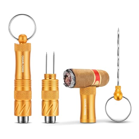 4-in-1 Cigar Punch Cutter Tool with Cigar Opener(9mm), Cigar Draw Enhancer Cutter, Twin Nubber and Cigar Holder Functional Stainless Steel Puncher All in 1 (Gold)