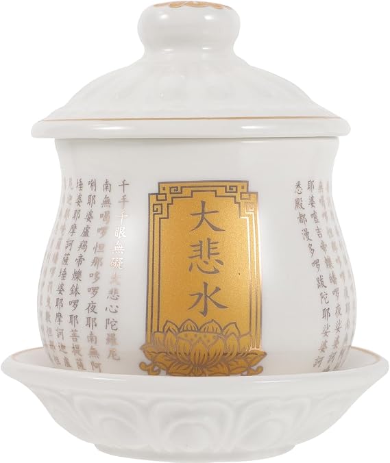 Buddhist Water Offering Cup Ceramic Temple Cup with Tray and Lid 4.13 X 3.34 X 3.34 in for Home Altar Worship Ritual Decor