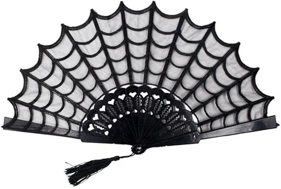 kreepsville 666 Spiderweb Lace Gothic Fabric Hand Fan with Tassel, One Size, Black