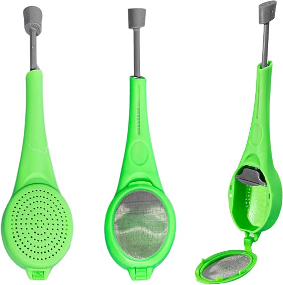 3 Pieces Long-Handled Tea Filters Plastic Tea Infuser Fime Mesh with Built-in plunger Reusable Two Sides Strainers for Loose Tea/Coffee/Tea Bag/Herbal/Spice Portable Teaware Accessories, Green