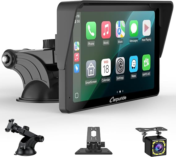 Portable Carplay Screen, Carpuride V3R Wireless Airplay&Android Auto, 7 Inch 1080P HD Touch Screen with Real 720P Backup Camera/BT 5.0/Mirror Link/USB Playback/Noise Reduction Chip AUX