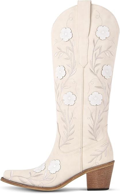 sexytag Women's Western Cowboy Wedding Boots Embroidered Floral Cowgirl Boots Wide Calf Pointed Toe Pull-On Mid-Calf Boot