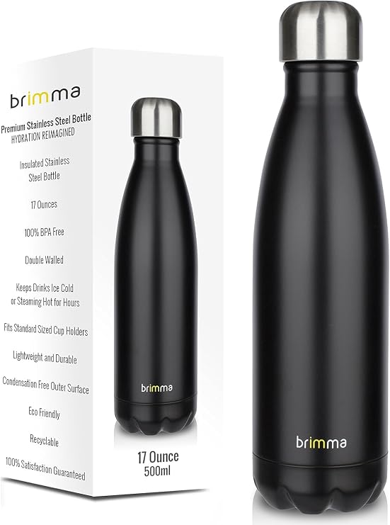 Brimma Insulated water bottle, Double Wall Vacuum Insulated, Simple Modern Water Bottle, for Sports and Travel, BPA Free - 17 Oz Black (500 ml)