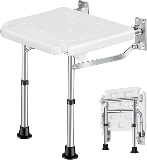 HEIGHT Adjustable Wall Mounted Folding Shower Chair for Elderly | Space Saving Foldable Bath Seat for Adults & Disabled | Heavy Duty Shower Seat for for Elderly, Disabled, Pregnant & Adults