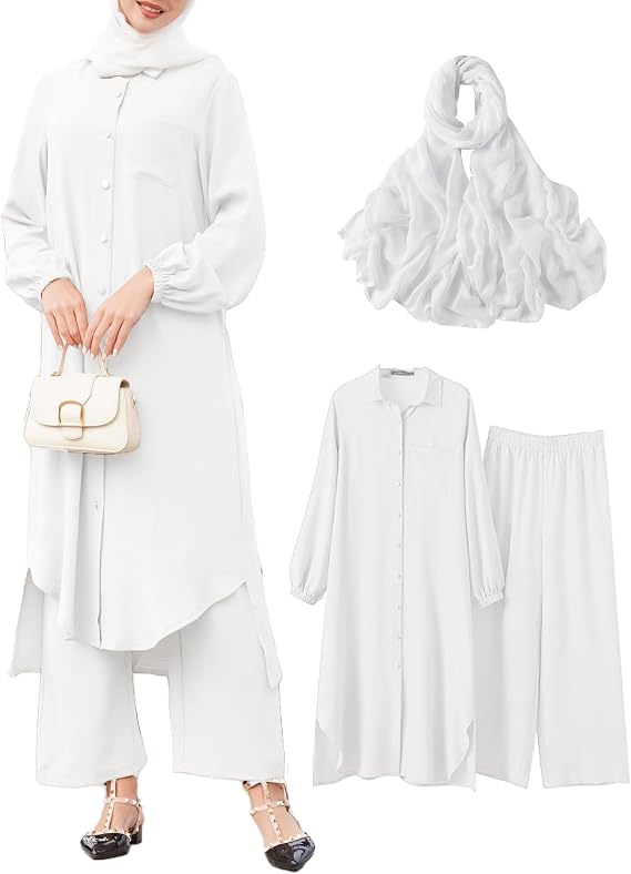 APRROOT Abayas Dress for Women Muslim Robe Islamic Kaftan 3 PCS Set Long Sleeve Button Shirts Pants Hijab Dubai Outfits