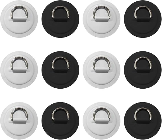 D Rings for PVC Inflatable Boat, 12pcs Pad/Patch D Rings Round Stainless Steel D-Ring Patch Dinghy Kayak Surfboard Paddle Board for PVC Inflatable Boat Kayak Canoe Deck Accessories, White Black