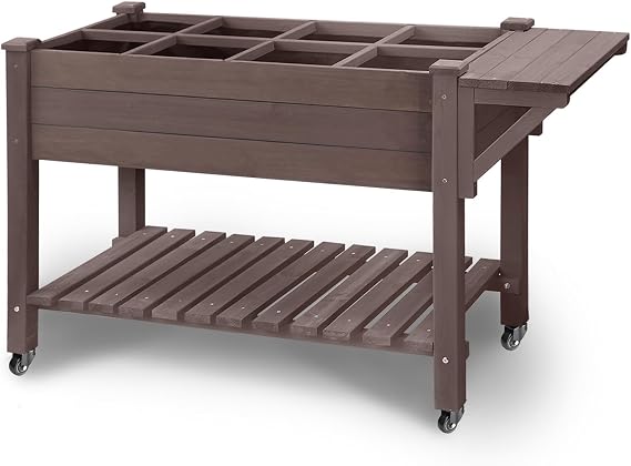 GUTINNEEN Raised Garden Bed Outdoor with 8 Planter Boxes Wooden Elevated Garden Bed with Legs Wheels Side Workbench and Storage Shelf for Plants Vegetables Flowers Herbs