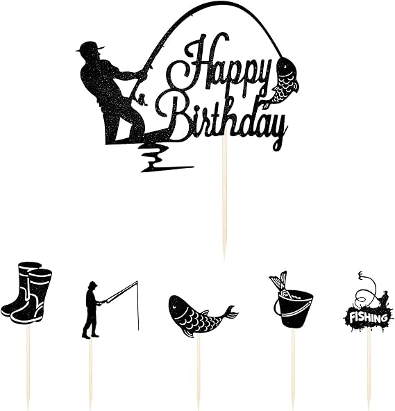Pack of 6 Fishing Cake Toppers Fish Fishing Cake Decoration Angler Birthday