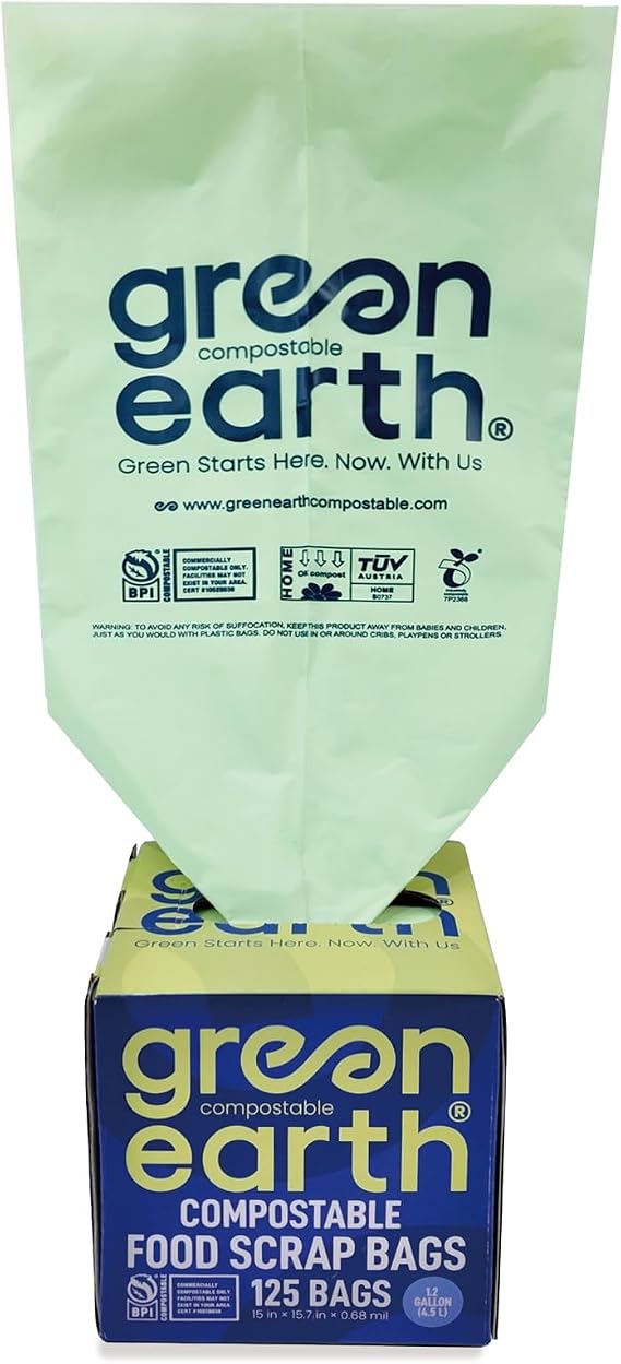 Green Earth Compostable Bags for Countertop Compost Bins, 1.2 Gallon (4.5L), Extra Thick 0.68 Mil, Leak-Proof & Odor Control, 125-Count, ASTM D6400, BPI (US) & OK Compost Home (EU) Certified