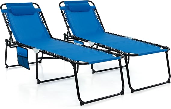 Giantex Patio Lounge Chairs for Outside - Set of 2 Folding Tanning Chair w/Headrest, 4 Adjustable Positions, Side Pocket, Outdoor Chaise Lounge for Camping, Pool, Sunbathing Beach Chair, Navy