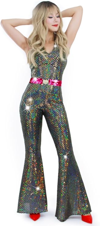 Nawgut Disco Outfit 70s 80s Prom Sparkle Flare Jumpsuit Party Costume Halloween Cosplay For Adult Women