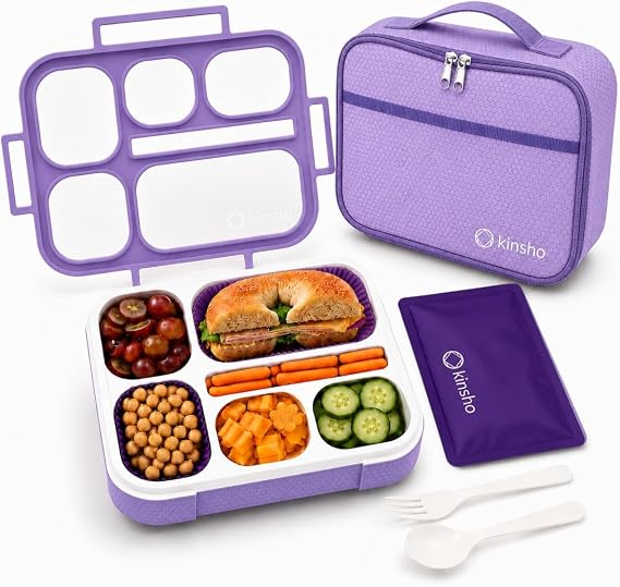 kinsho Bento Lunch Box, Ice Pack Insulated Bag for Kids Girls Teens, Purple
