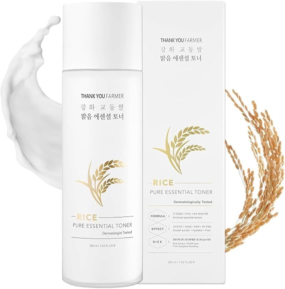 THANKYOU FARMER Rice Pure Essential Toner Korean Milk Toner with Rice Water & Niacinamide - Gentle Hydrating Toner for Brightening and Soothing Dry & Sensitive Skin, Vegan, 7.03 oz