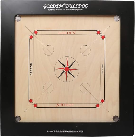 KD Golden Carrom Board Game Board Champion Bulldog Jumbo Indian Ply Wood Board with Coin, Striker & Cover, AICF Approved Used in National & International Tournament (24mm, Bulldog)