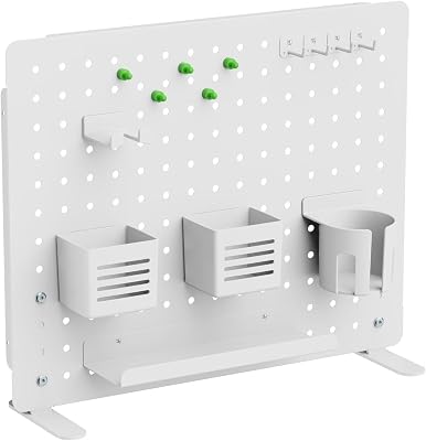 Kantek Pegboard Desktop Organizer & Accessories, Sits, Hangs or Clamps to Tables, 20.58 X 17 White Steel Privacy Panel, Cup Holder, Pen Cup, Headphone Holder, Tray, Magnets, Easy Install