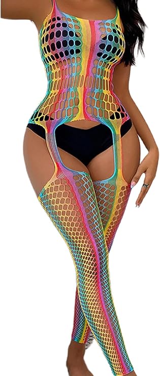 Womens Sexy Lingerie Fishnet Teddy Bodysuit Rainbow Hollow Out Babydoll Chemise Dress Nightwear