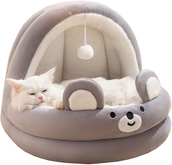 Cats Bed for Indoor Cats Round Semi Closed Cat Caves Pet Beds (Small, Gray)