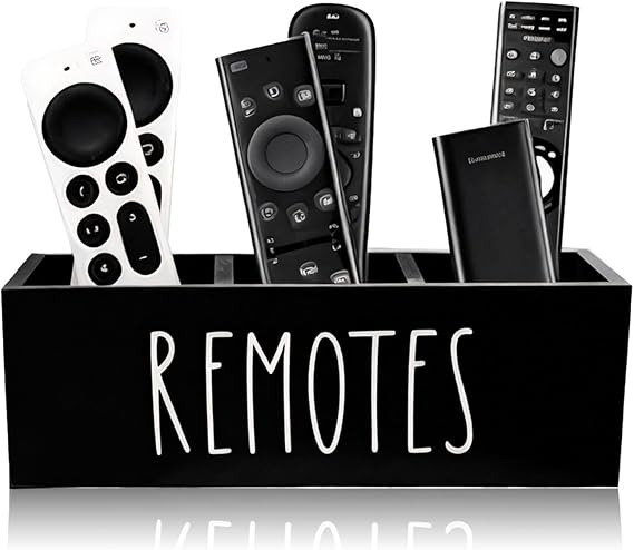 Large Wooden Remote Control Holder (25.4 cm), 3-Compartment TV Remote Holder & Organizer, Extra Long Remote Caddy for Multiple Remotes, Keys, Pens for Living Room, Bedside Table - Black