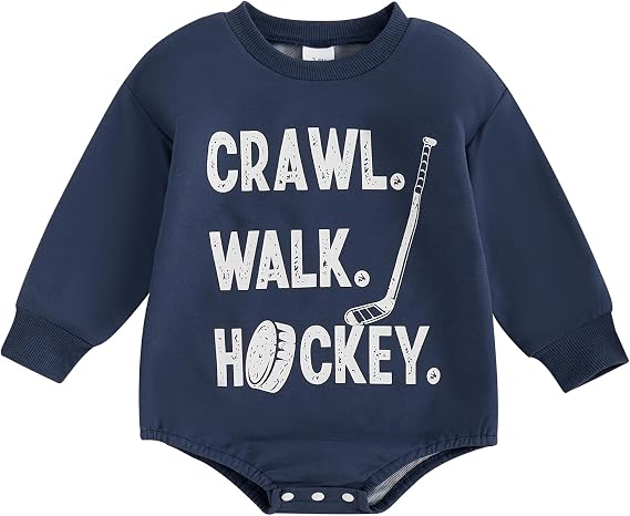 Crawl Walk Hockey Baby Boy Girl Romper Long Sleeve Retro Future Hockey Player Bodysuit Newborn Infant Sports Outfit (Dark Blue, 12-18 Months)
