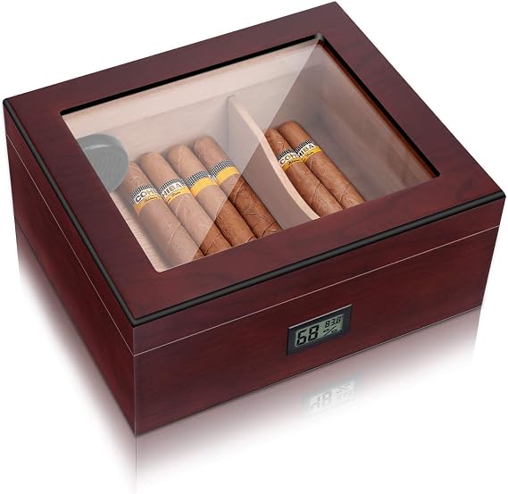 High Gloss Cigar Humidor Cigar Box, Real Solid Spanish Cedar Wood, Luxury Hygrometer and Humidifier, Desktop Humidors Gloss Black (25-50 Walnut)