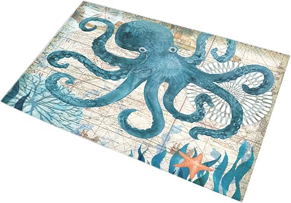 Blue Octopus Sea Animal Coral Seaweed Marine Life Map Bathroom Rug Door Mat Non Slip Absorbent Bath Carpet for Kitchen Toilet Entrance Floor Bath Rug 16x24inch (Octopu)