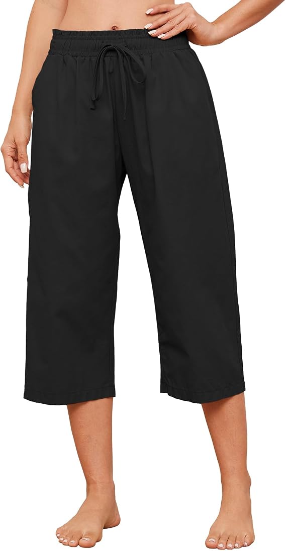 Summer Women's Casual Capris Baggy Lounge Drawstring Pants Plus Size Wide Leg Croped Pants with Pockets