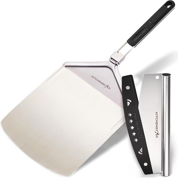 KitchenStar Stainless Steel Pizza Peel 12" with 10" Folding Handle + Pizza Cutter Rocker Blade 12" - Pizza Making Bundle