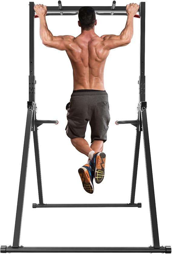 Power Tower Pull Up Dip Station, Foldable Triangular Pull Up Station Adjustable Height, Multi-Function Pull Up Bar Strength Training Fitness Equipment, Horizontal Bars for Gyms, Home