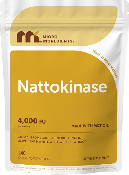 Micro Ingredients Nattokinase 240 Softgels, 200mg (4,000 FU) Per Serving | 7-in-1 Nattokinase Supplement with CoQ10, Bromelain, Turmeric, Ginger, Olive Leaf, White Willow Bark | Non-GMO