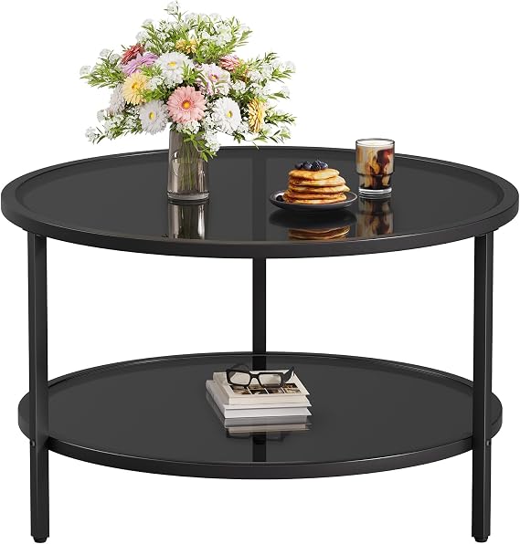 SAYGOER 27.6'' Round Coffee Table 2 Tier Black Glass Coffee Tables with Storage Shelf for Large or Small Space Modern Simple Sofa Table for Living Room Home Office, Easy Assembly...