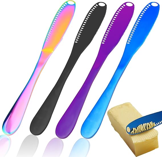 4 Colors Stainless Steel Butter Knife Spreader, 3 in 1 Butter Spreader, Butter Knives for Butter Cutter Grater, Butter Slicer Curler with Holes and Serrated Edge