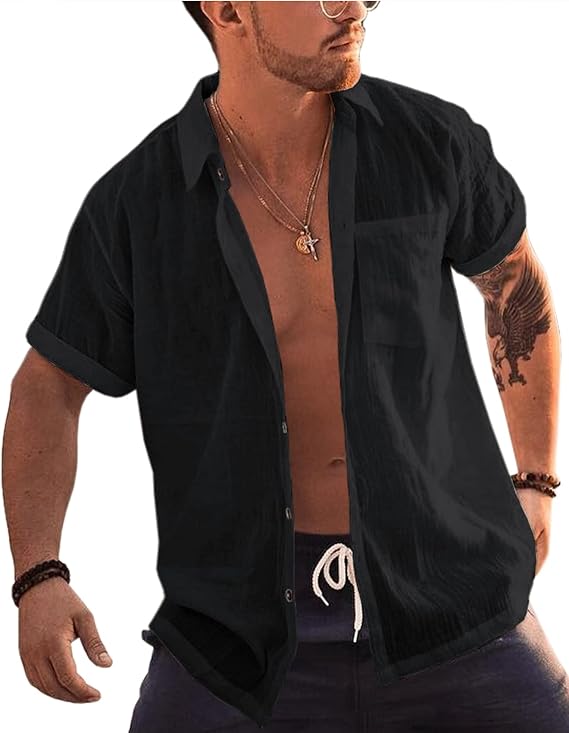 Bbalizko Mens Short Sleeve Button Up Shirts Linen Cotton Beach Shirt Tops