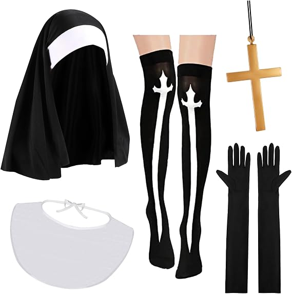 PHOGARY 5PCS Nun Costume Accessories Set, Sexy Nun Costume Cosplay Accessories with Habit Headpiece Collar Cross Pendant Necklace Gloves Stockings for Women Halloween Cosplay Fancy Dress Up Party