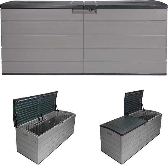 Suncast 120 Gallon Deck Box - Resin Outdoor Storage Box for Patio Cushions, Pool Accessories, Garden Tools, Lockable Outdoor Storage Bin with Split Lid, Extra Large Dove Gray Outside Container