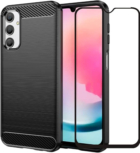 Compatiable with Samsung Galaxy A24 4G Case Flexible TPU Black | Samsung Galaxy A24 4G With Screen Protector Shock-Absorption Flexible TPU Rubber Protective Cell Phone Cover 6.5"