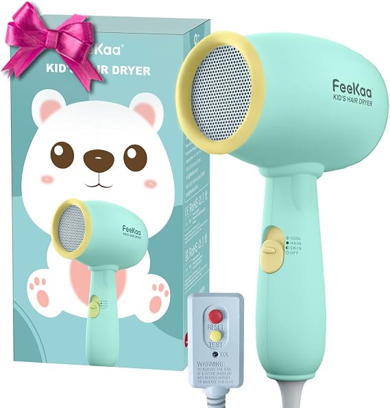 Feekaa Kids Hair Dryer, Low Noise Gentle Heat for Kids Skin, Gift for Children's Birthday, Christmas, Yellow-Green