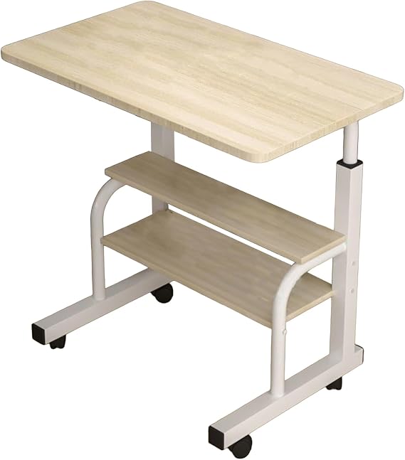 Mobile Adjustable Height Computer Desk with Wheels, 80cm Rolling Laptop Cart with Storage Shelves, Portable Stand-Up Workstation for Home Office and Small Spaces (31.5" x 15.75") Beige