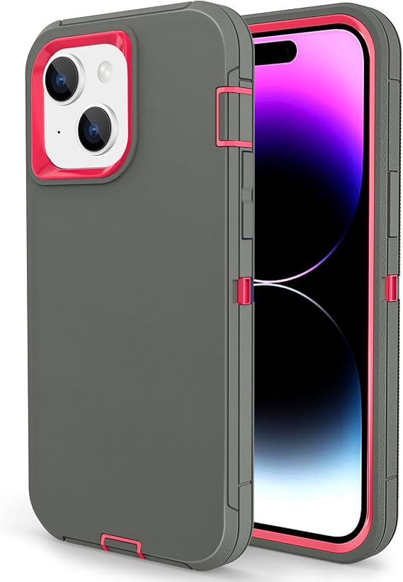 iPhone 15用ケース、二層耐衝撃フルボディカバー ミリタリーグレード 落下保護 高耐久電話ケース Apple Phone 15/14/13 6.1インチ用 グレー/ローズ