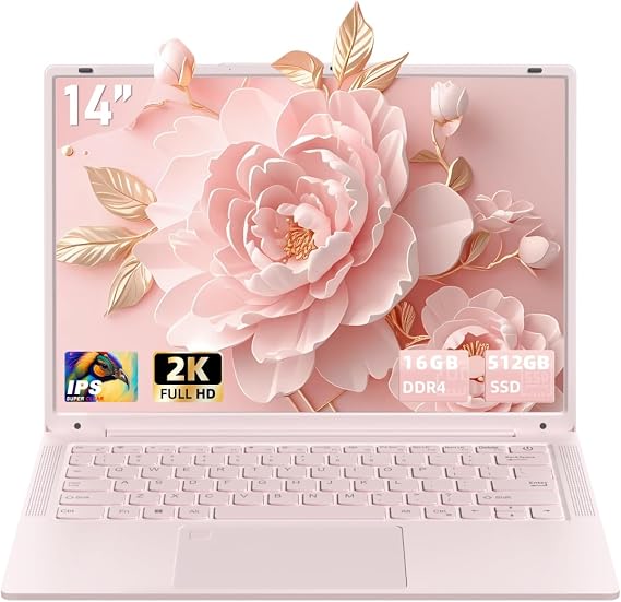 14" Pink Laptop, 16GB DDR4 RAM 512GB, N150 CPU for Business Work Students